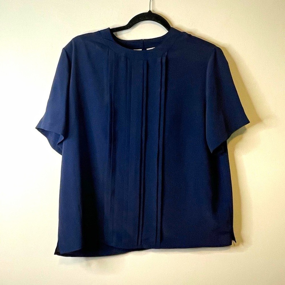Croft & Barrow Blouse Women L Navy Blue Pleated Short Sleeve Career Top